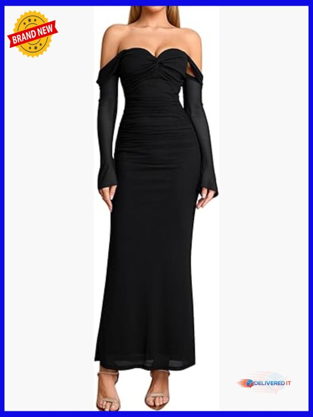 Off Shoulder Long Sleeve Formal Bodycon Dress Ruched Cocktail Wedding Guest